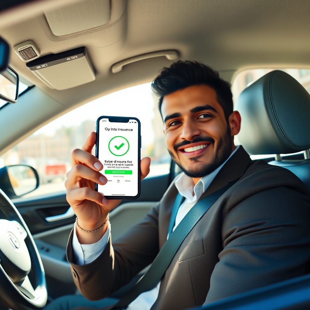 Conducteur marocain utilisant une application mobile pour gérer son assurance auto au Maroc, avec une voiture moderne en arrière-plan.
