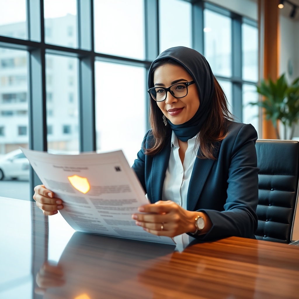 Responsabilité civile professionnelle Maroc : une professionnelle consulte son contrat d'assurance dans un bureau moderne.