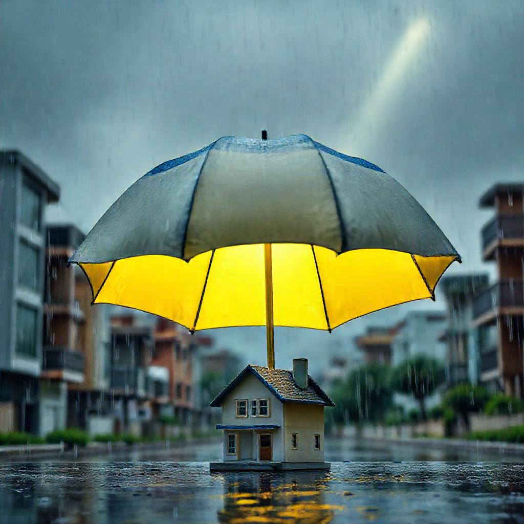 Protective umbrella over a home in Casablanca during rain, representing comprehensive assurance habitation Casablanca coverage against floods and storm damage.