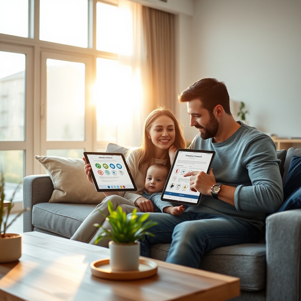 Famille moderne consultant un contrat d'assurance habitation sur une tablette dans un salon chaleureux, garanties et couverture habitation