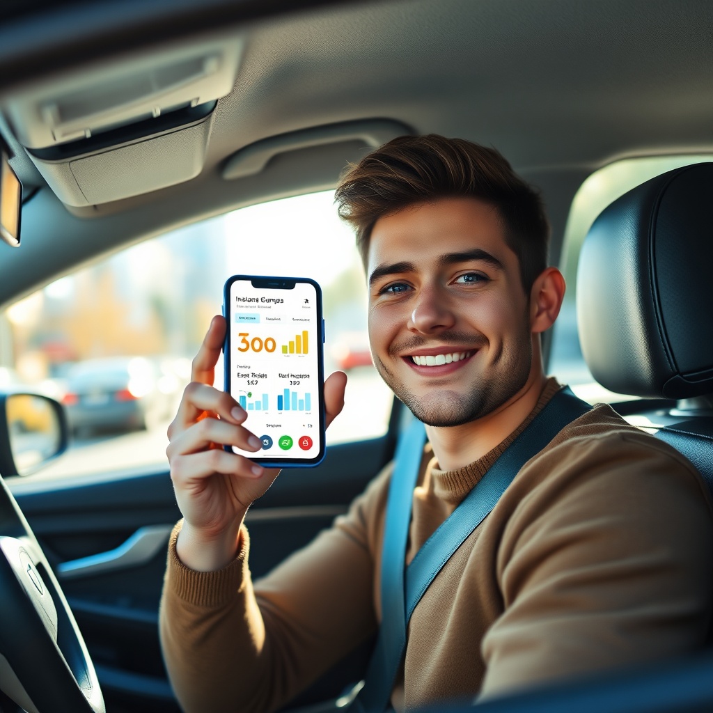 Jeune conducteur comparant les tarifs d'assurance auto sur son smartphone dans sa voiture, à la recherche de la meilleure assurance auto jeune conducteur
