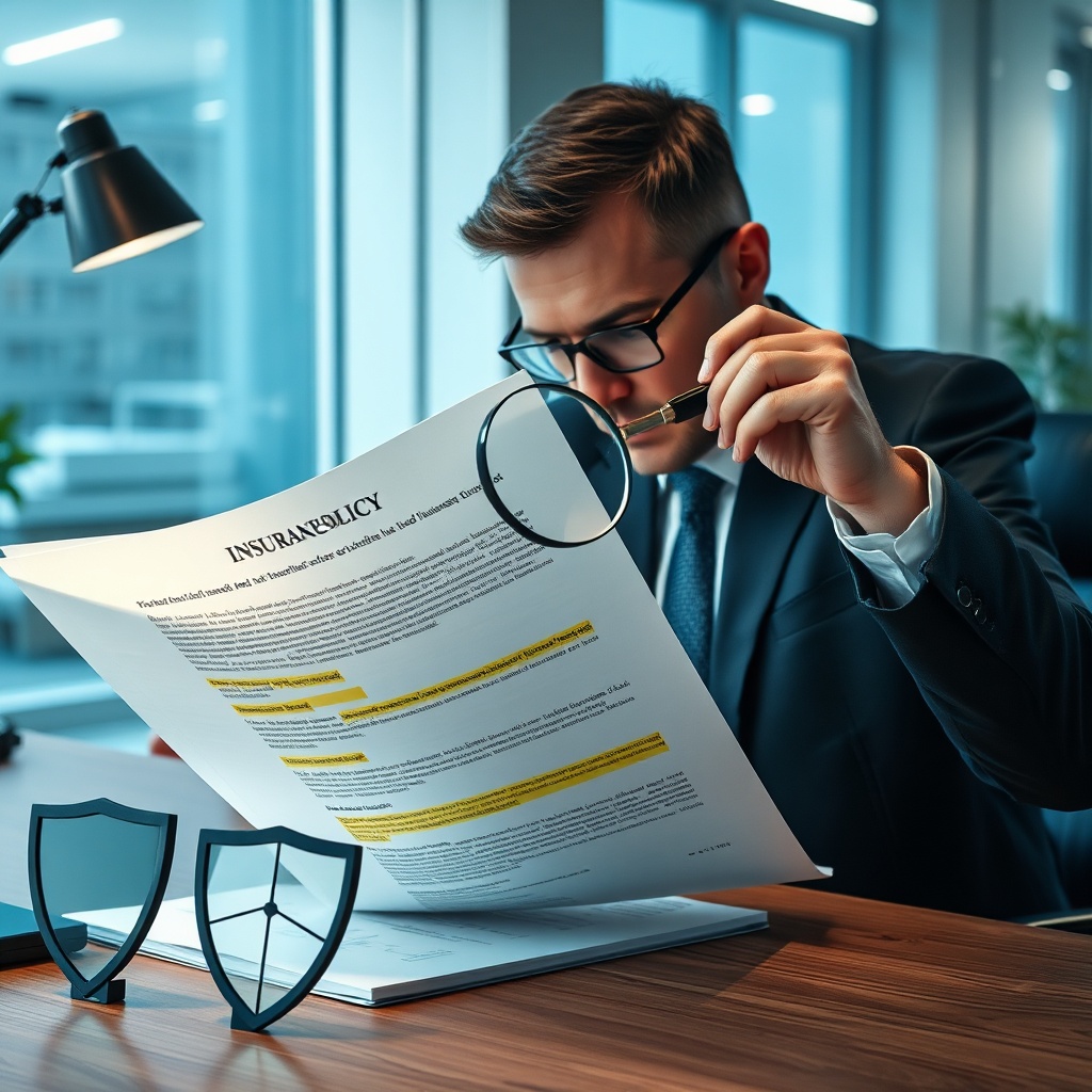 Erreurs à éviter assurance professionnelle : un professionnel examine les clauses d'exclusion et les plafonds de garantie de son contrat avec une loupe.