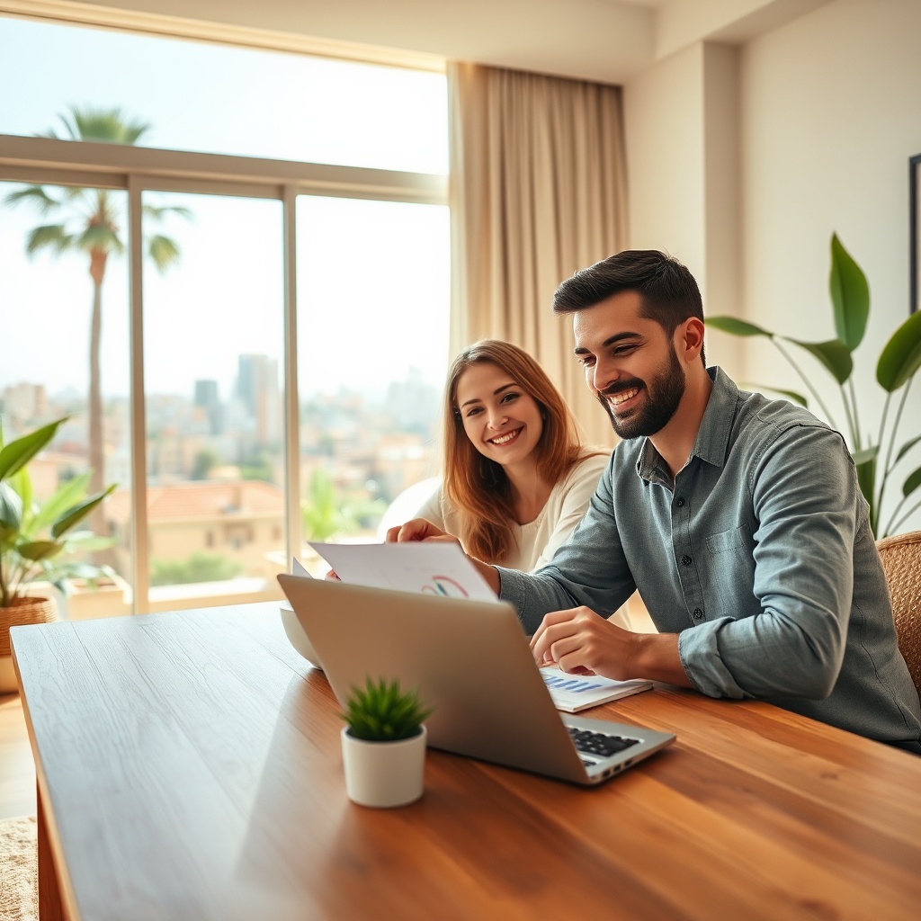 Couple souriant comparant des documents d'assurance habitation pour réduire leur prime, avec une calculatrice et un ordinateur portable dans un salon lumineux à Casablanca