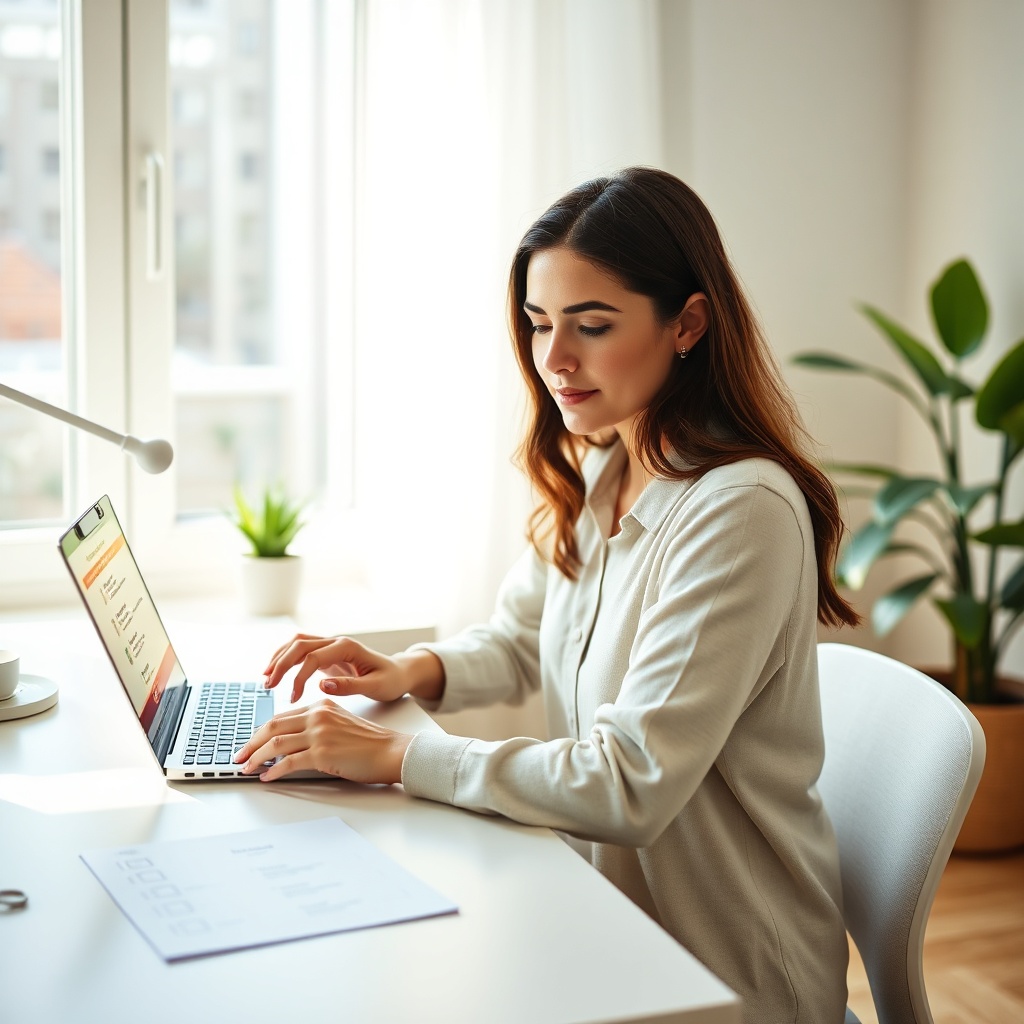 Personne comparant les garanties d'une complémentaire santé sur un ordinateur portable avec une checklist de soins pour choisir sa mutuelle.