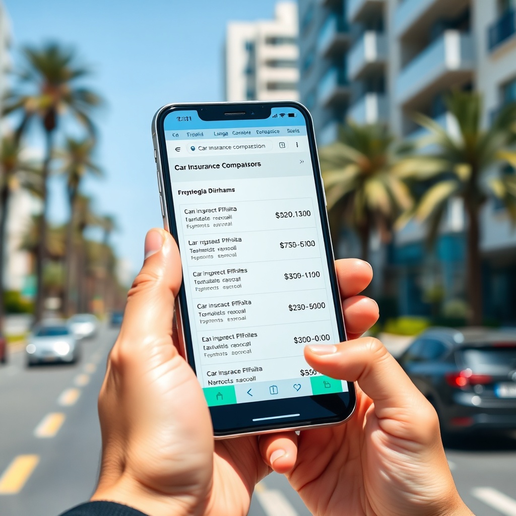 Comparaison de devis assurance auto Casablanca sur smartphone, avec plusieurs offres d'assurance affichées à l'écran, arrière-plan urbain de Casablanca.
