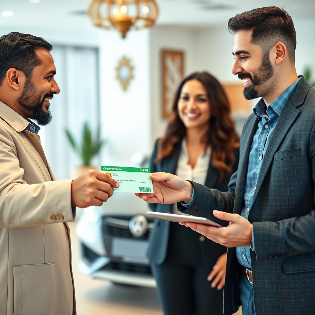 Conseiller en assurance remettant une carte verte à un client pour son assurance auto au Maroc, dans un bureau moderne.
