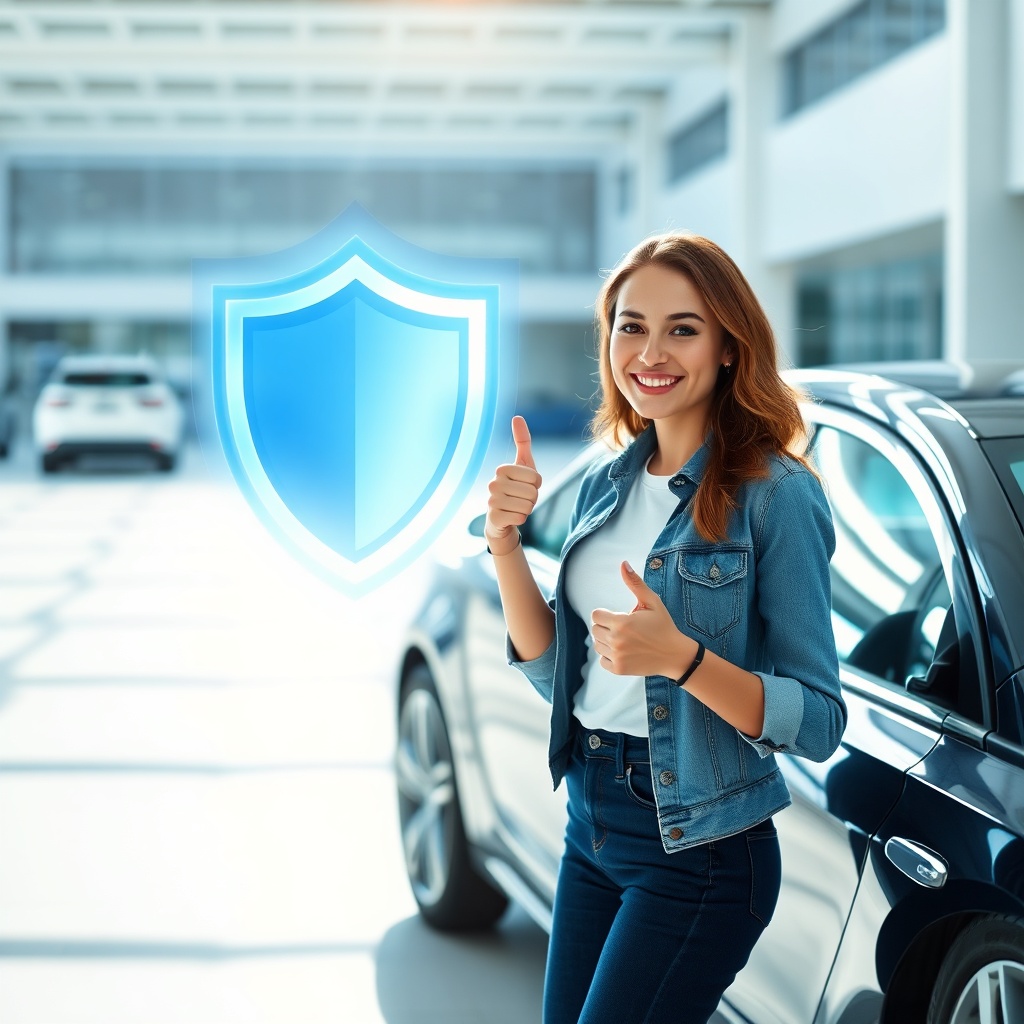 Jeune conductrice satisfaite de son assurance auto tous risques, symbole de protection et de meilleure assurance auto jeune conducteur