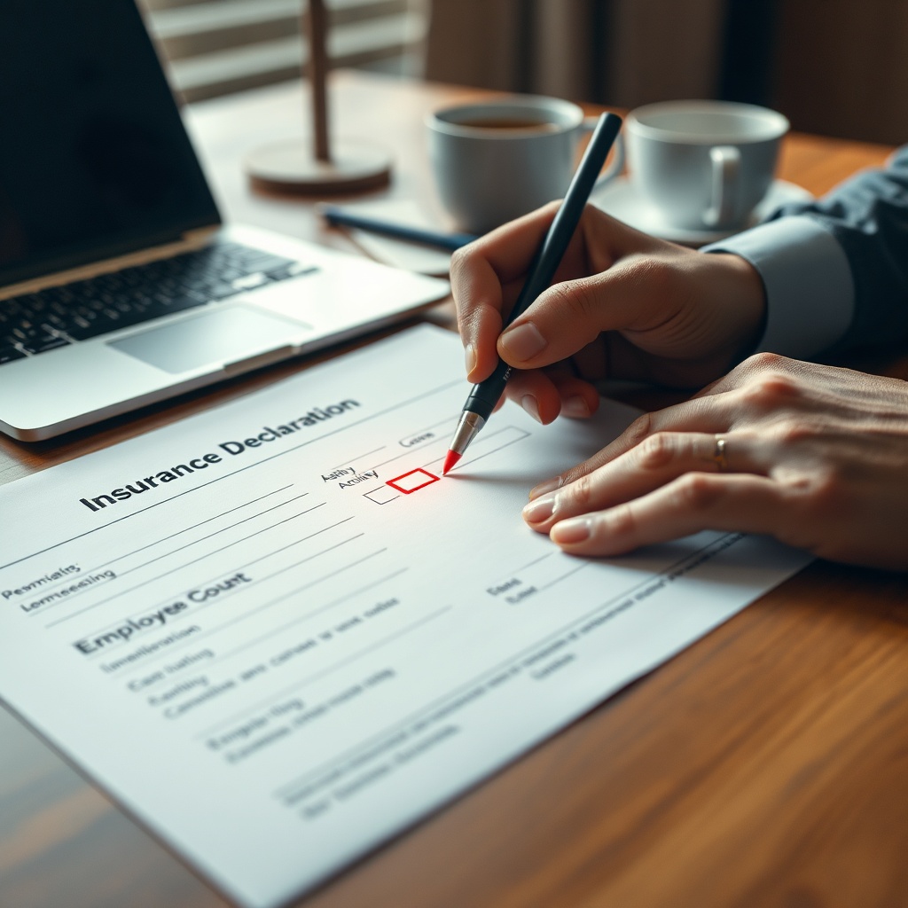 Erreurs à éviter assurance professionnelle : un entrepreneur déclare son activité sur un formulaire d'assurance avec un stylo rouge, symbolisant la sous-déclaration du risque.